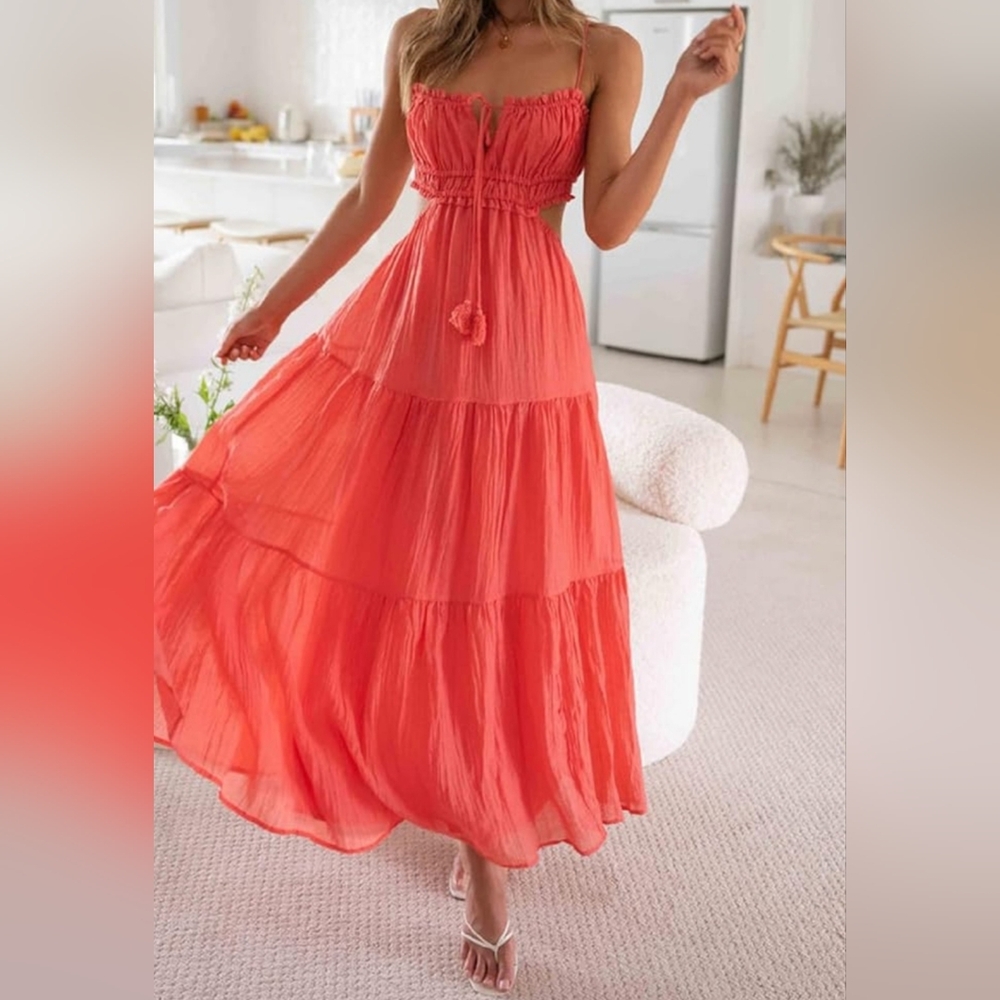 Coral‎ Cut Out Summer dress, tiered maxi skirt